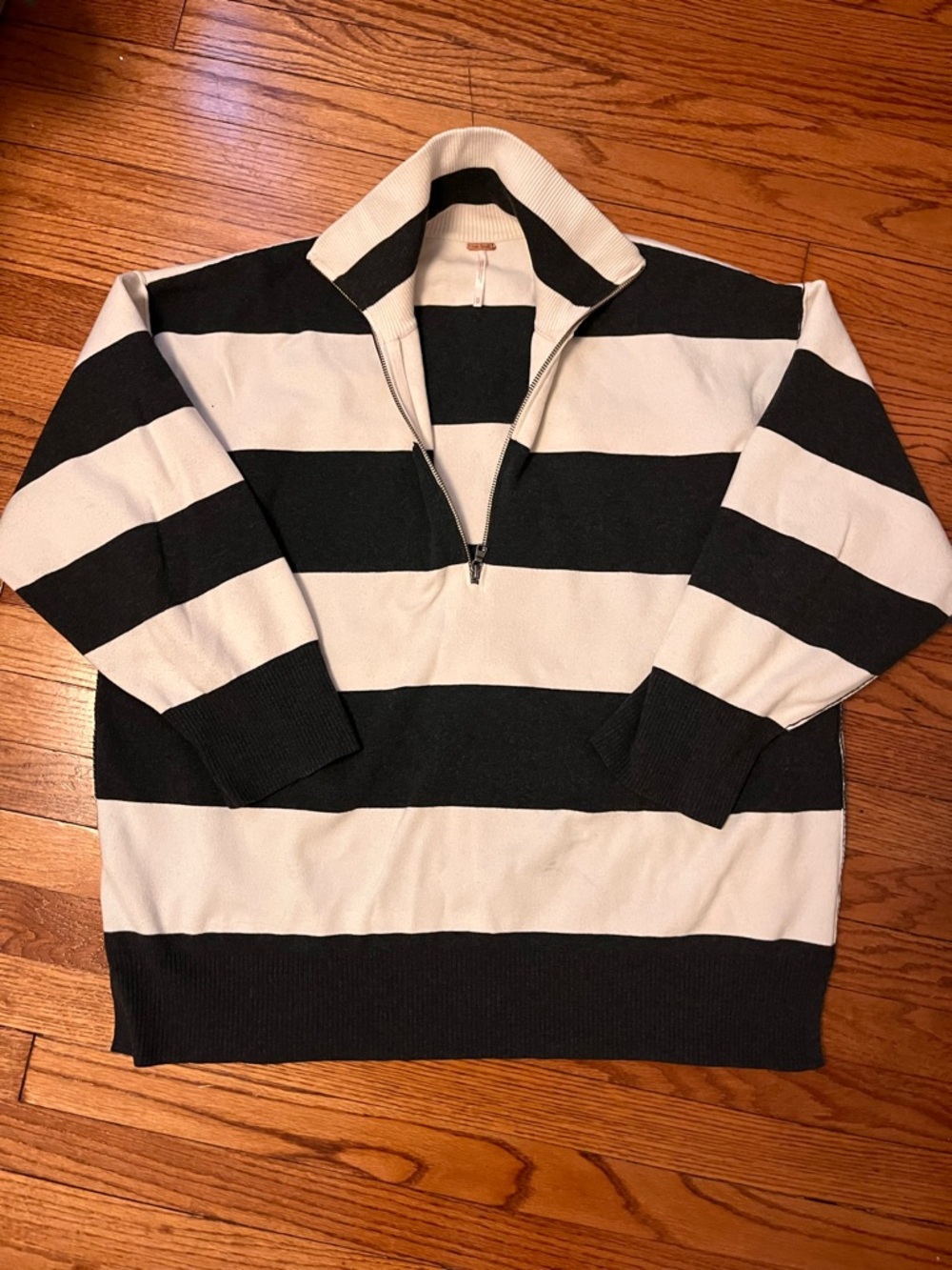 Free People Grey and Cream Striped Half-Zip Sweater